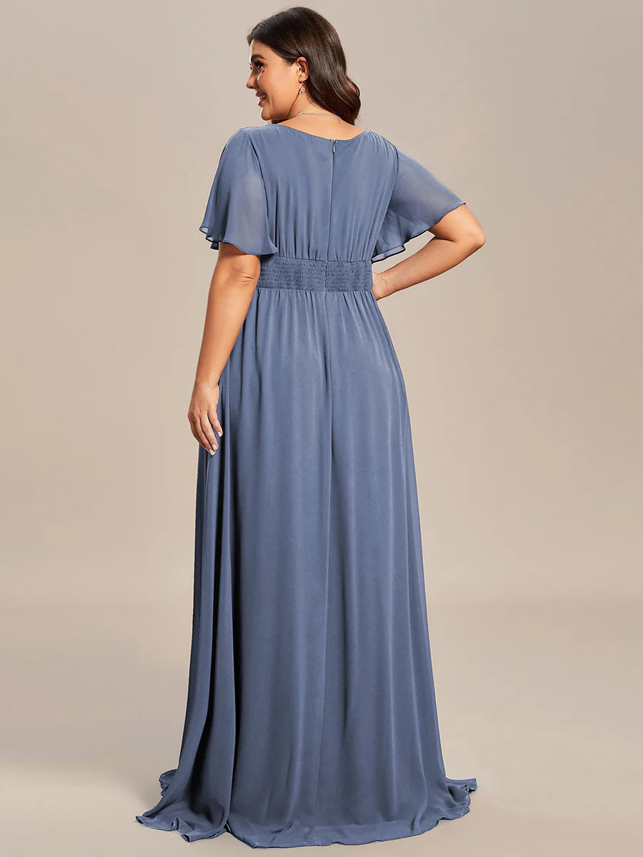 Round Neck Pleated Plus Size Evening Dress