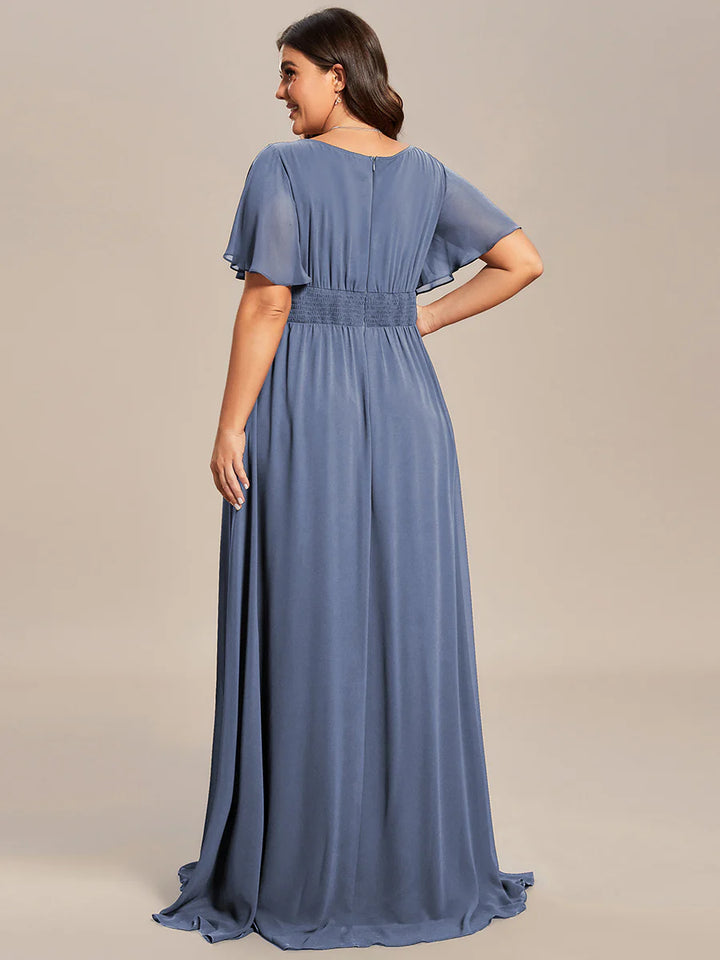 Round Neck Pleated Plus Size Evening Dress