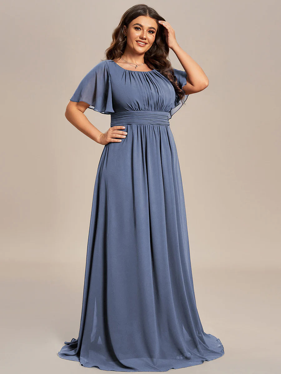 Round Neck Pleated Plus Size Evening Dress
