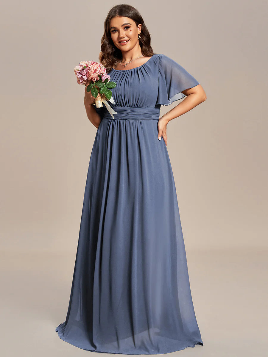 Round Neck Pleated Plus Size Evening Dress