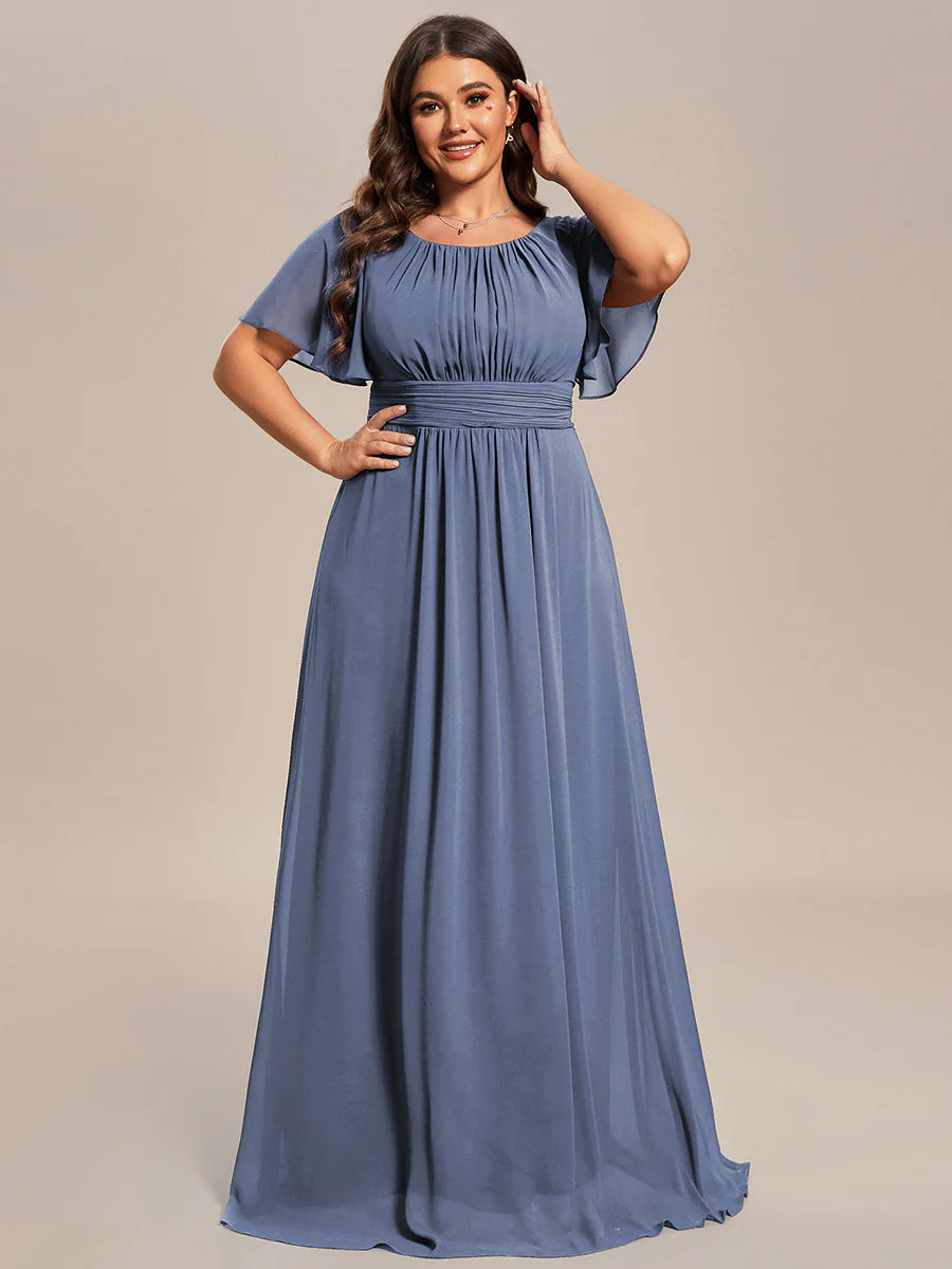 Round Neck Pleated Plus Size Evening Dress