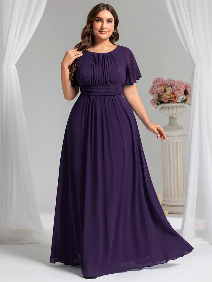Round Neck Pleated Plus Size Evening Dress