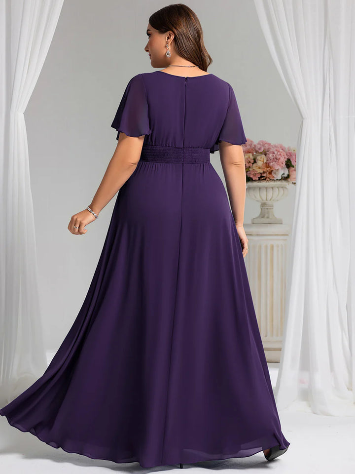 Round Neck Pleated Plus Size Evening Dress