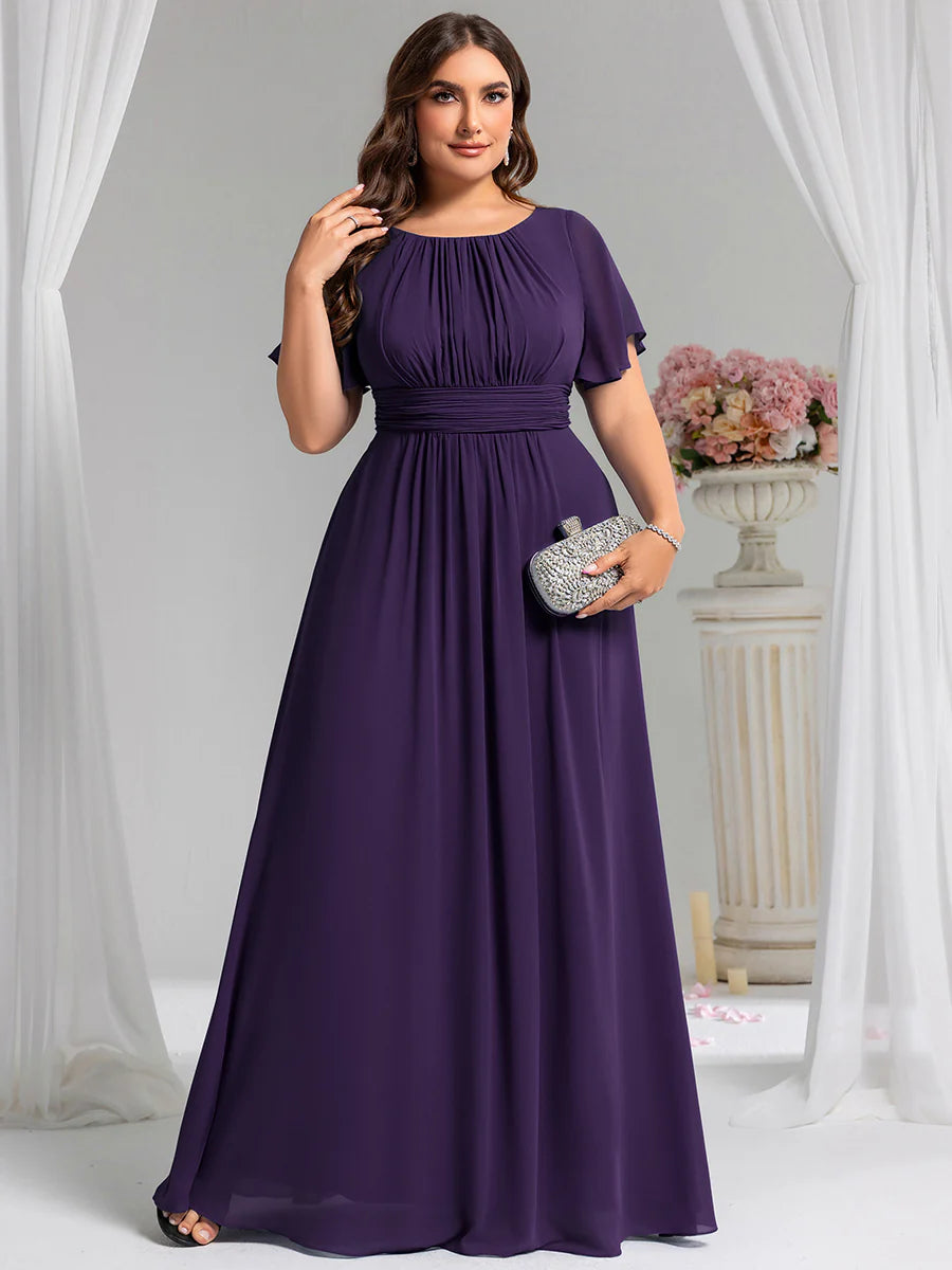 Round Neck Pleated Plus Size Evening Dress