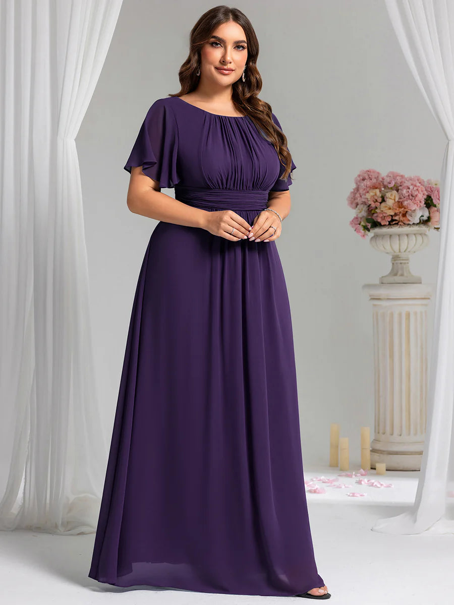 Round Neck Pleated Plus Size Evening Dress