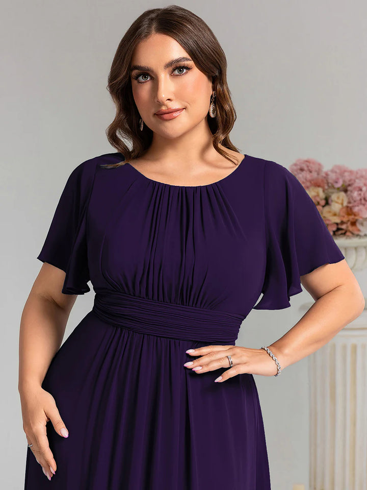 Round Neck Pleated Plus Size Evening Dress
