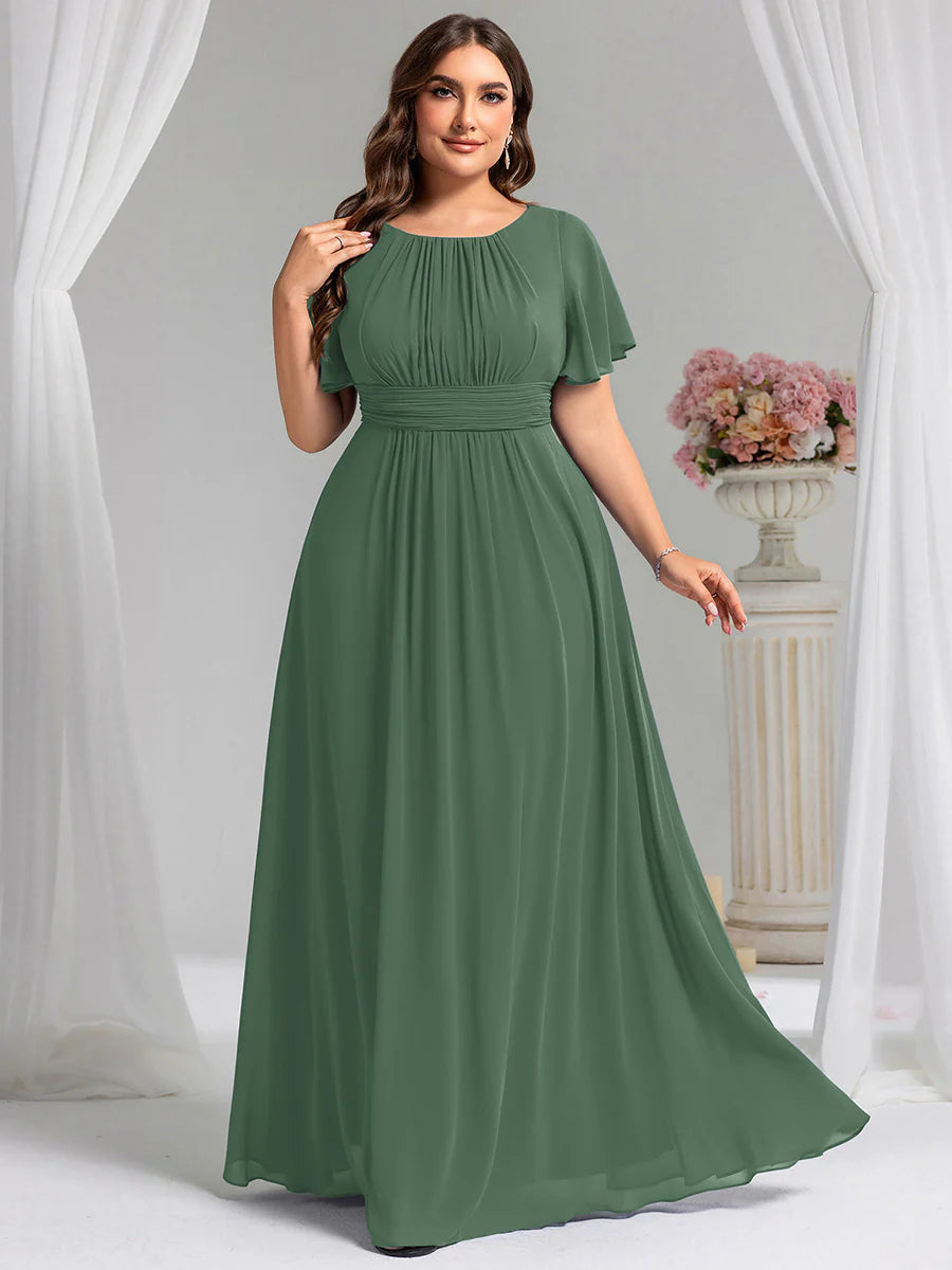 Round Neck Pleated Plus Size Evening Dress