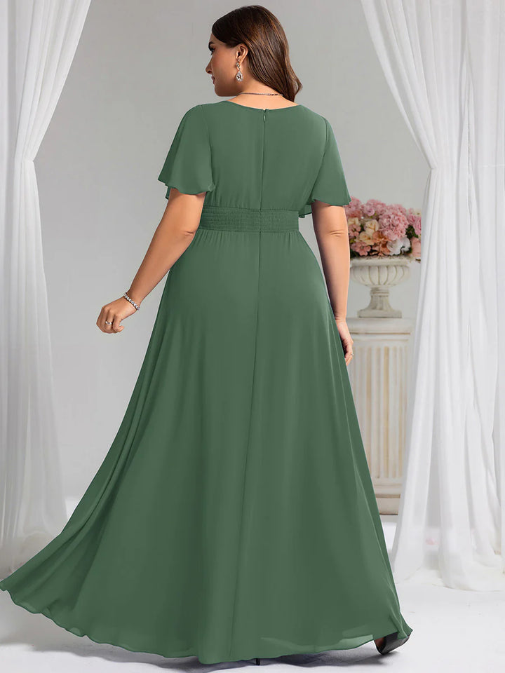Round Neck Pleated Plus Size Evening Dress
