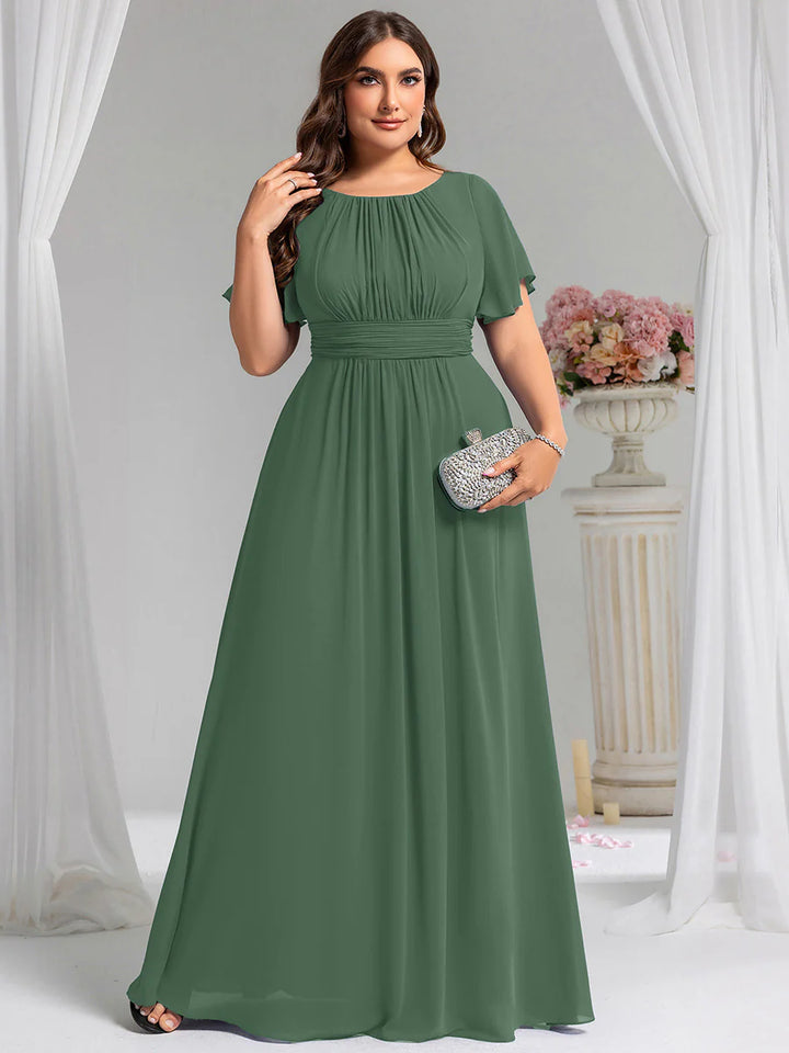 Round Neck Pleated Plus Size Evening Dress