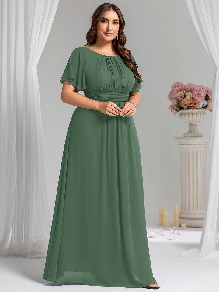 Round Neck Pleated Plus Size Evening Dress