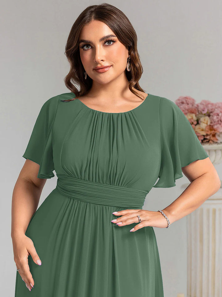 Round Neck Pleated Plus Size Evening Dress