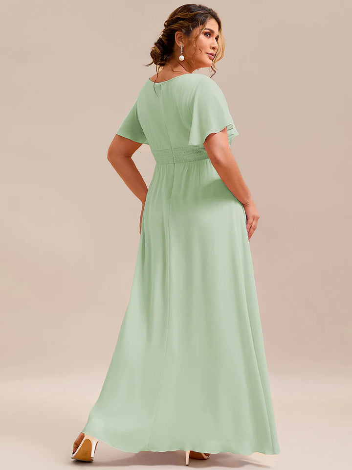 Round Neck Pleated Plus Size Evening Dress