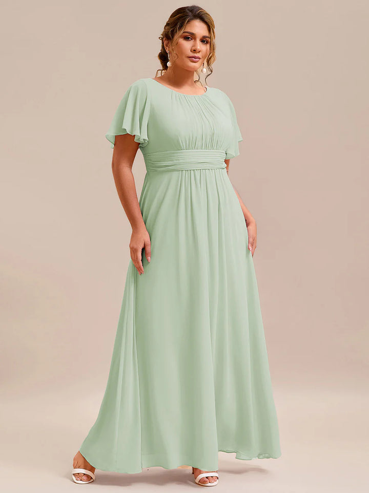Round Neck Pleated Plus Size Evening Dress