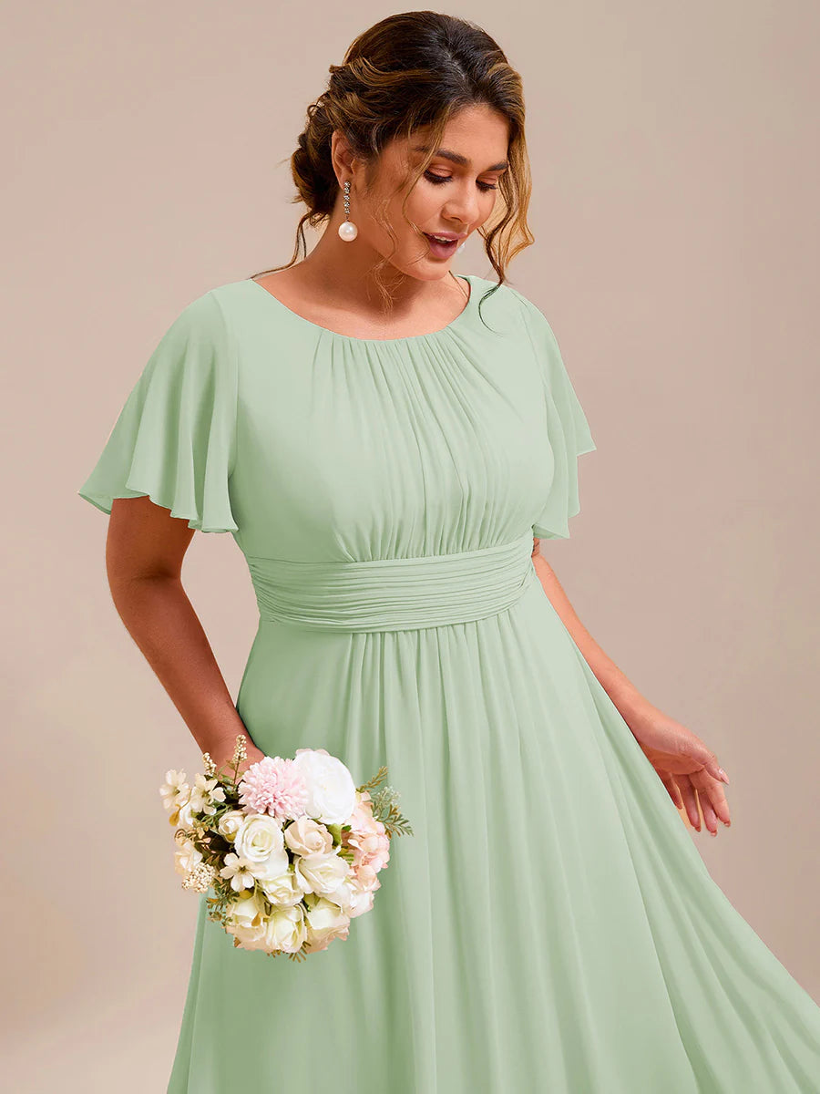 Round Neck Pleated Plus Size Evening Dress