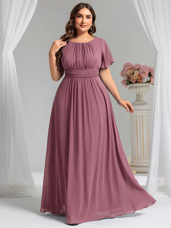 Round Neck Pleated Plus Size Evening Dress