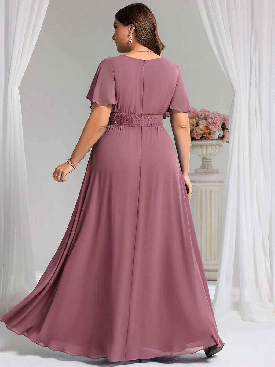 Round Neck Pleated Plus Size Evening Dress
