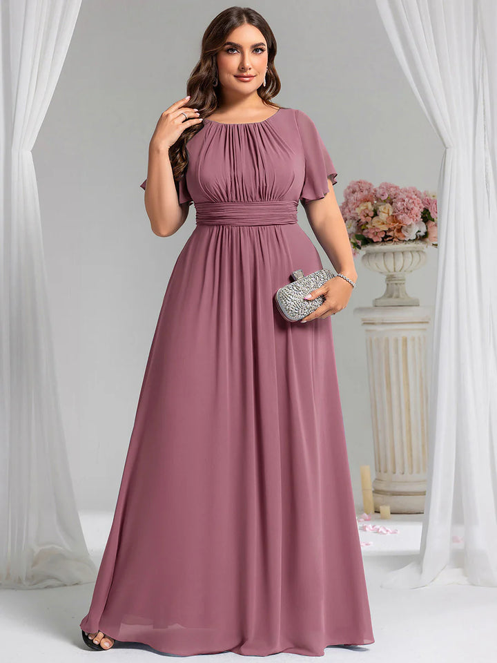 Round Neck Pleated Plus Size Evening Dress