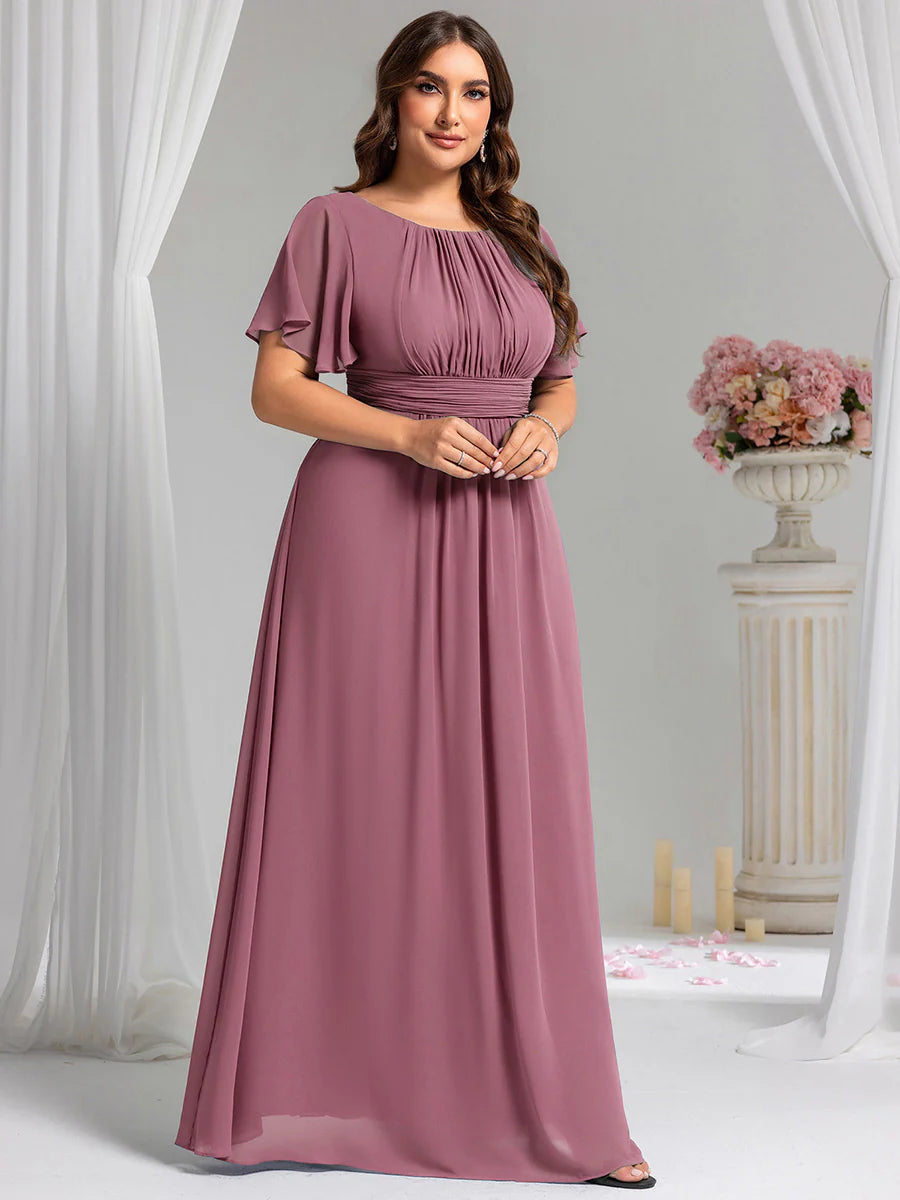 Round Neck Pleated Plus Size Evening Dress