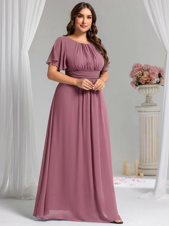 Round Neck Pleated Plus Size Evening Dress