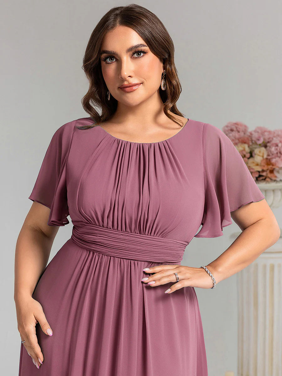 Round Neck Pleated Plus Size Evening Dress