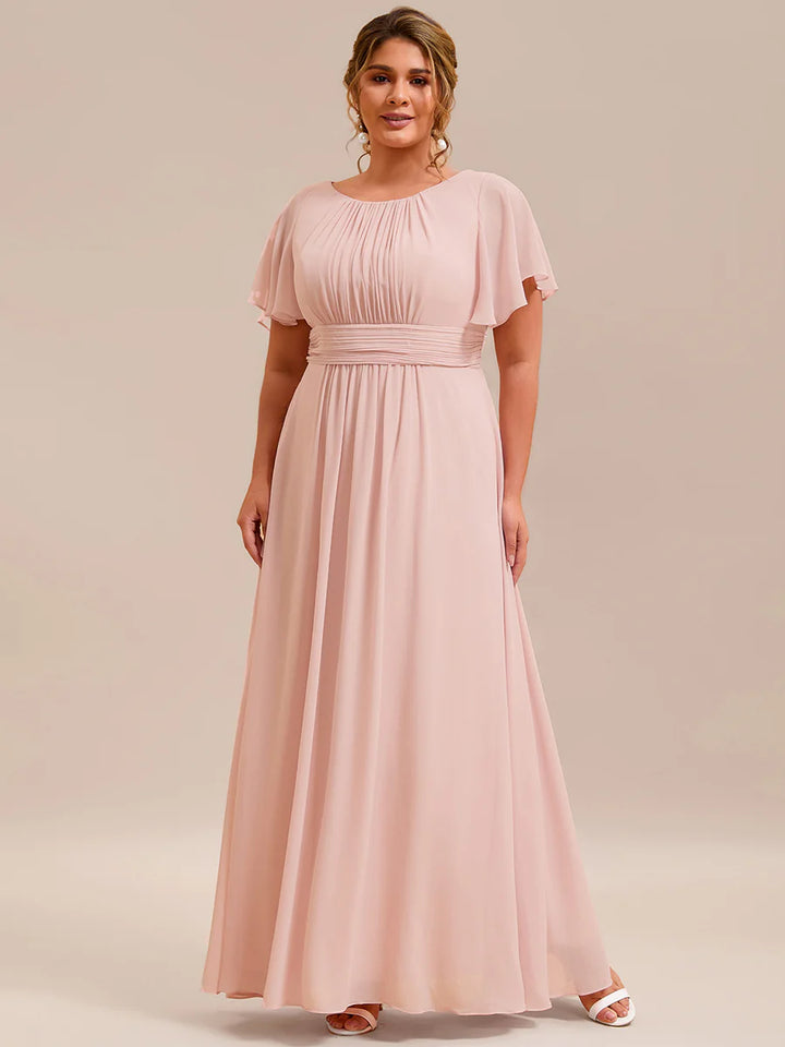 Round Neck Pleated Plus Size Evening Dress