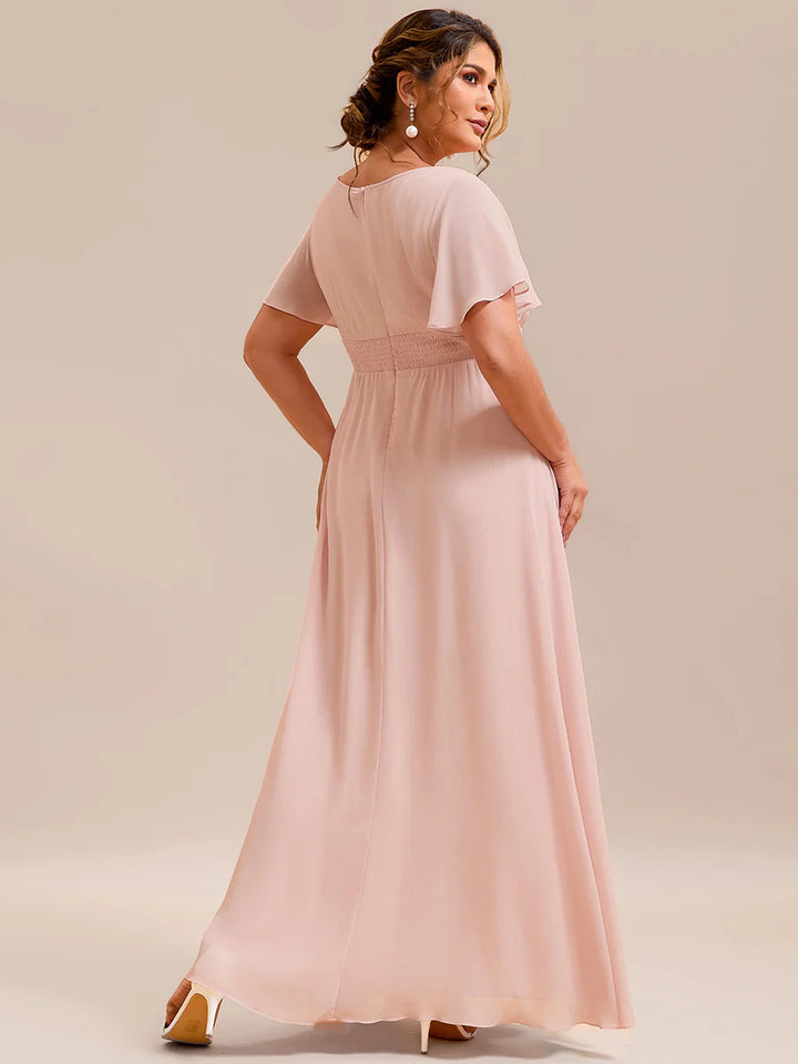 Round Neck Pleated Plus Size Evening Dress