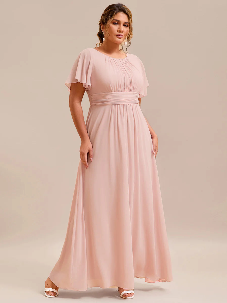 Round Neck Pleated Plus Size Evening Dress