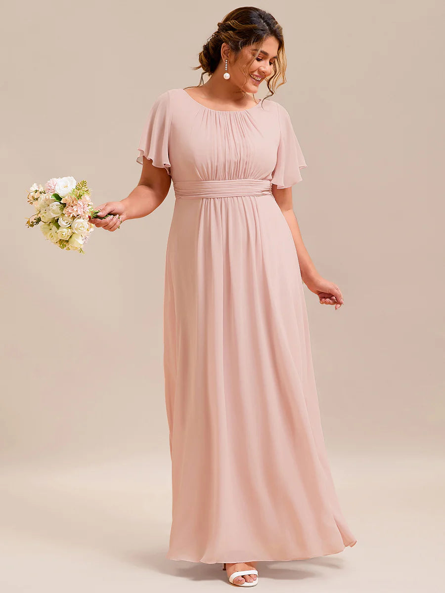 Round Neck Pleated Plus Size Evening Dress