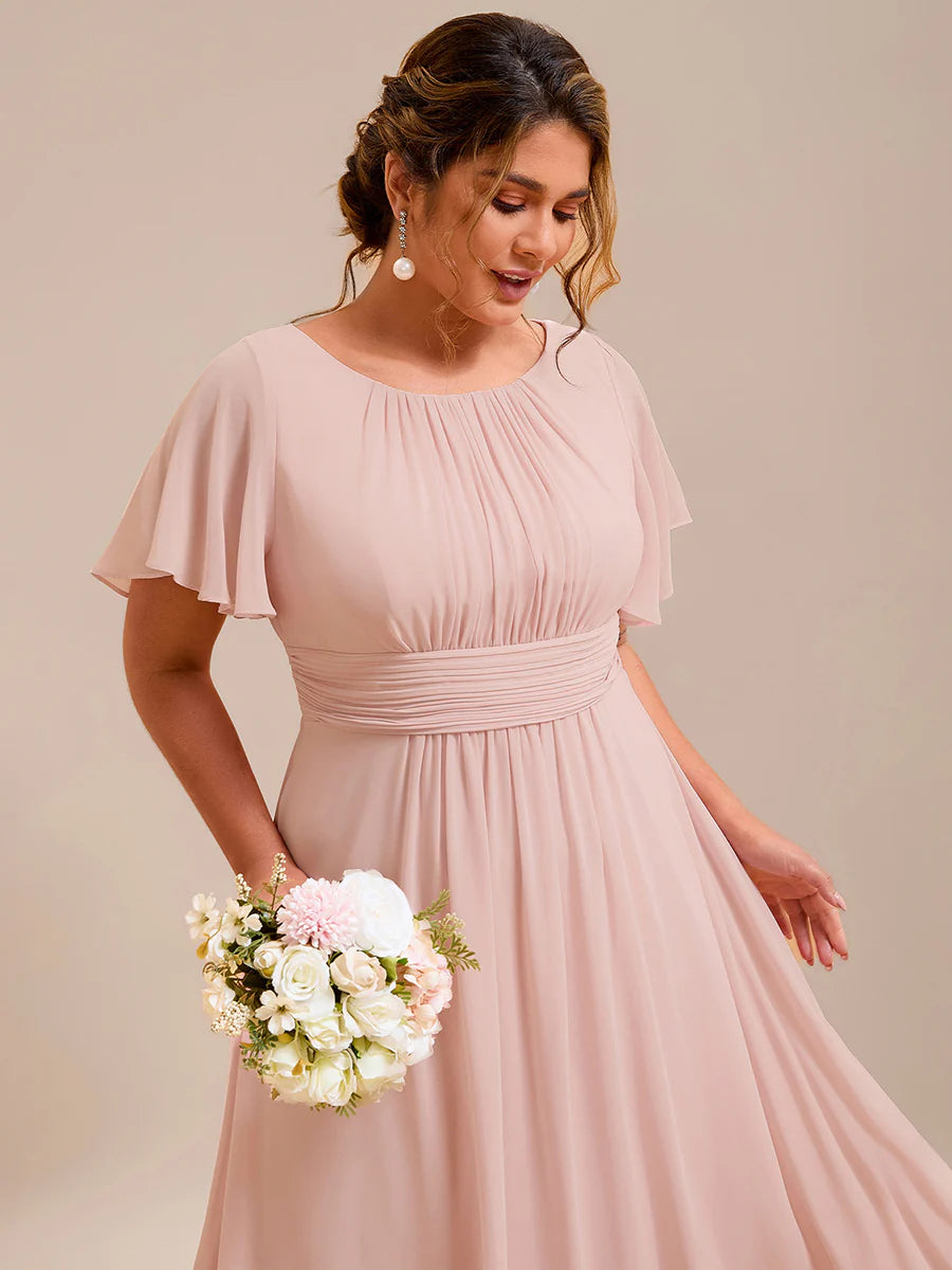 Round Neck Pleated Plus Size Evening Dress