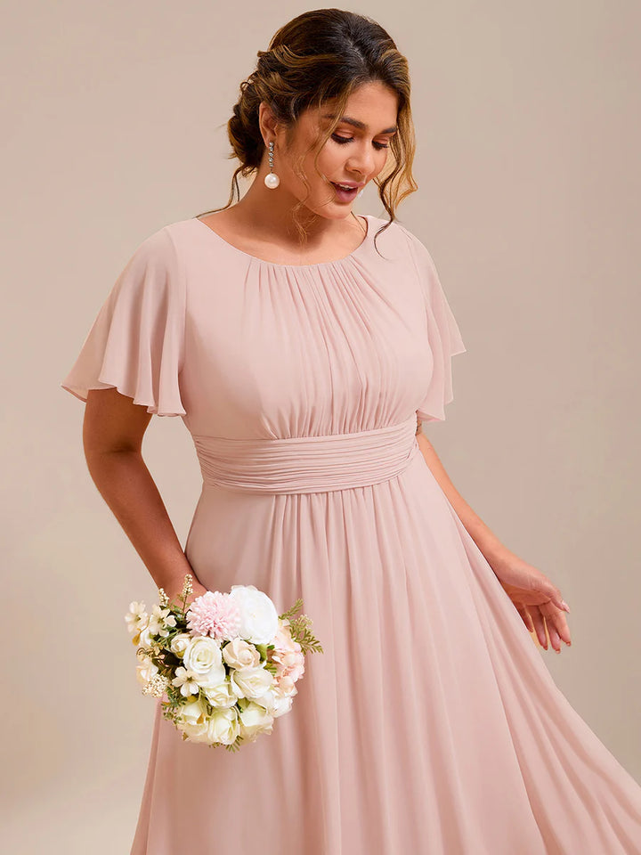 Round Neck Pleated Plus Size Evening Dress