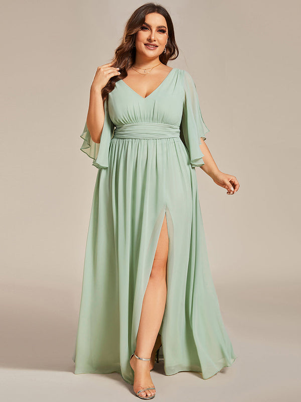 Plus V Neck Pleated Belt Chiffon Bridesmaid Dresses