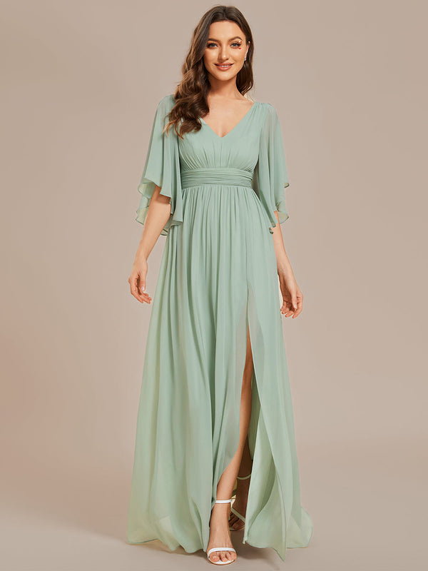 V Neck Pleated Belt Chiffon Bridesmaid Dresses