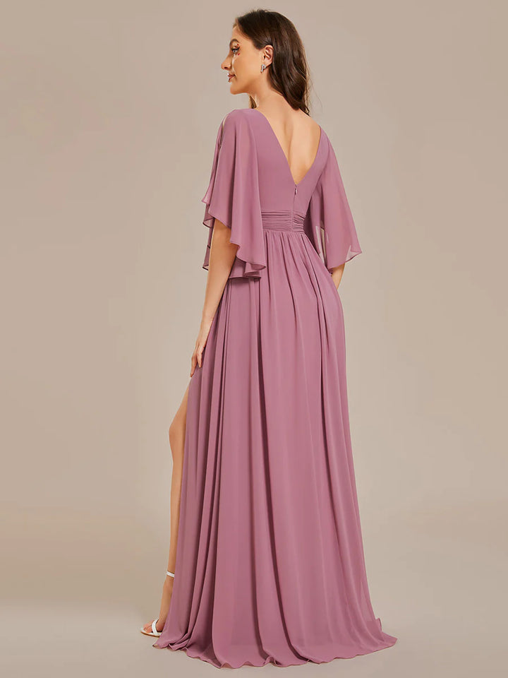 V Neck Pleated Belt Chiffon Evening Dress - CALABRO®