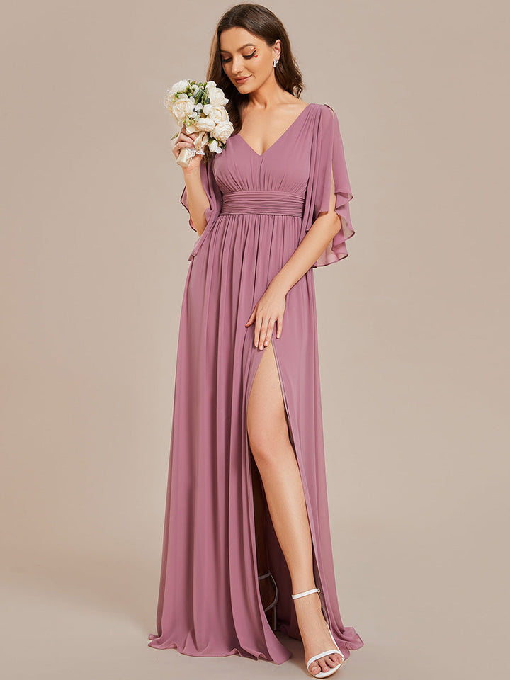 V Neck Pleated Belt Chiffon Bridesmaid Dresses - CALABRO®