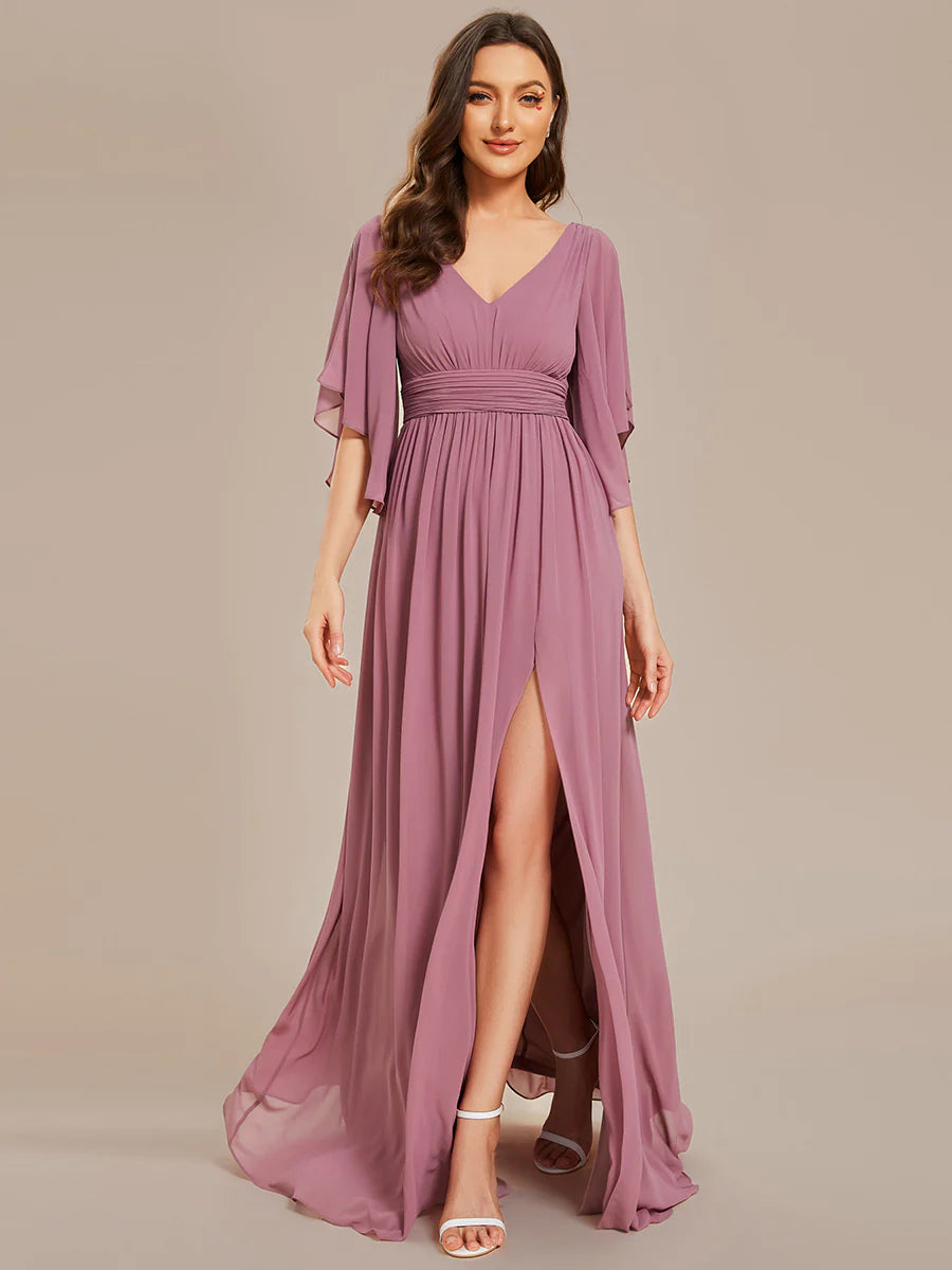 V Neck Pleated Belt Chiffon Evening Dress - CALABRO®