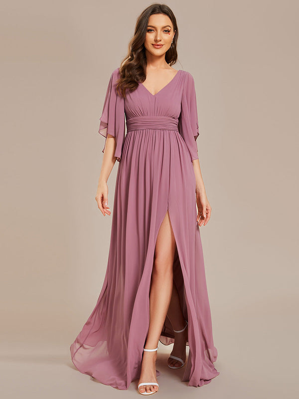 V Neck Pleated Belt Chiffon Bridesmaid Dresses