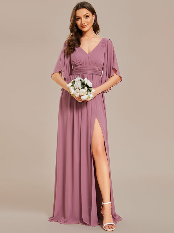 V Neck Pleated Belt Chiffon Bridesmaid Dresses