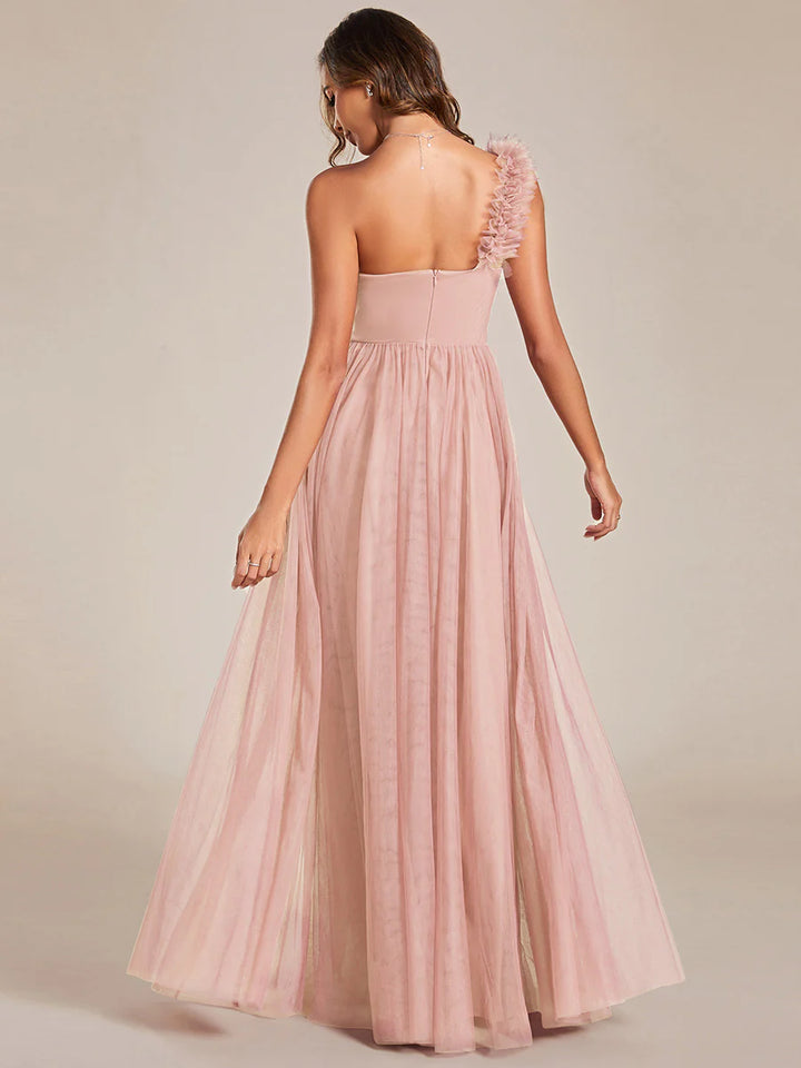 Pleated Backless One Shoulder Split Tulle Bridesmaid Dresses