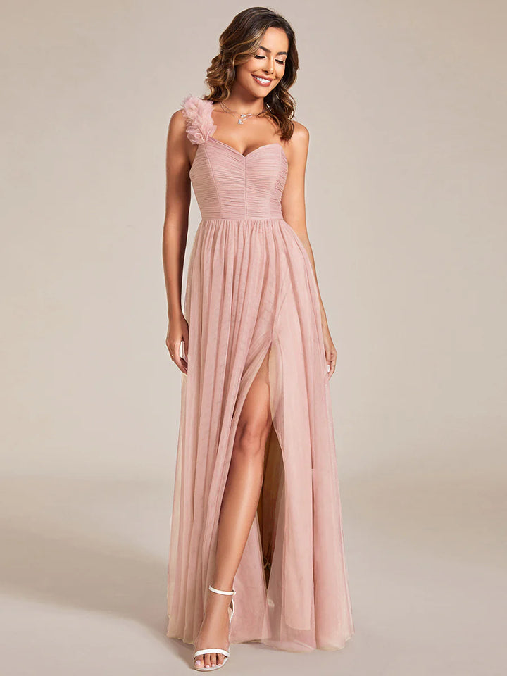 Pleated Backless One Shoulder Split Tulle Bridesmaid Dresses