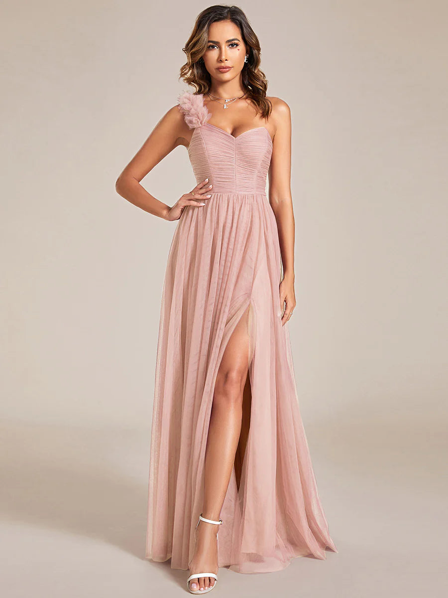 Pleated Backless One Shoulder Split Tulle Bridesmaid Dresses