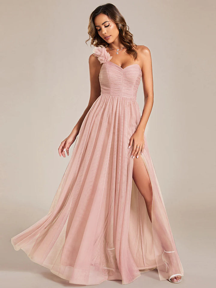 Pleated Backless One Shoulder Split Tulle Bridesmaid Dresses