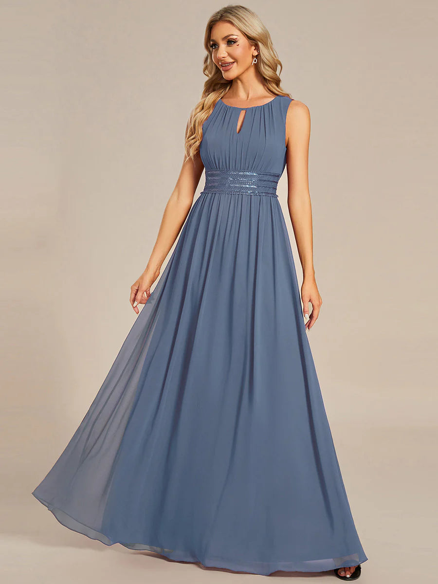 Maxi Long Chiffon Hollow Round Neck Decor Evening Dress - CALABRO®