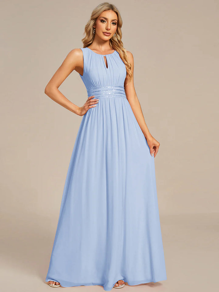 Maxi Long Chiffon Hollow Round Neck Decor Evening Dress - CALABRO®