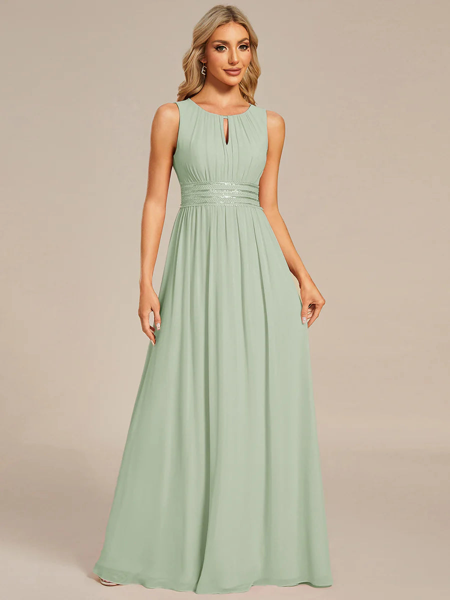 Maxi Long Chiffon Hollow Round Neck Decor Evening Dress - CALABRO®