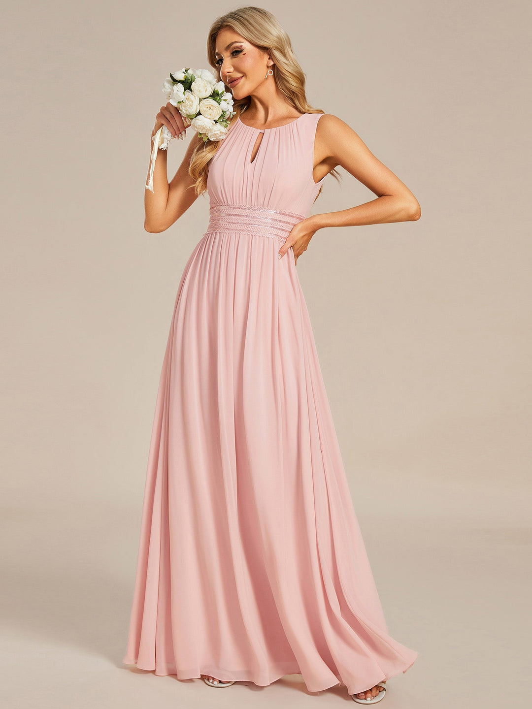 Maxi Long Chiffon Hollow Round Neck Decor Bridesmaids Dress - CALABRO®