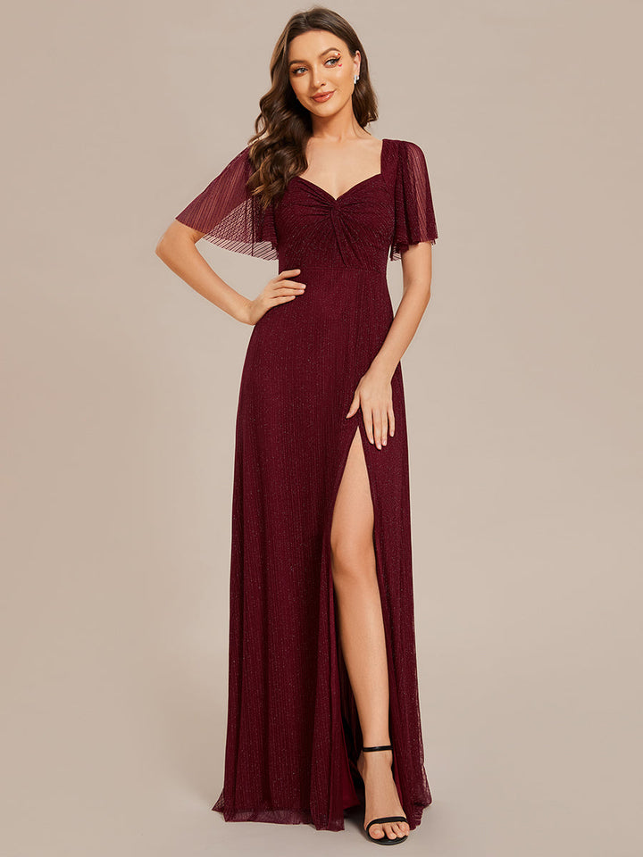 Shiny Maxi Long V-Neck Evening Dresses With Short Sleeve - CALABRO®