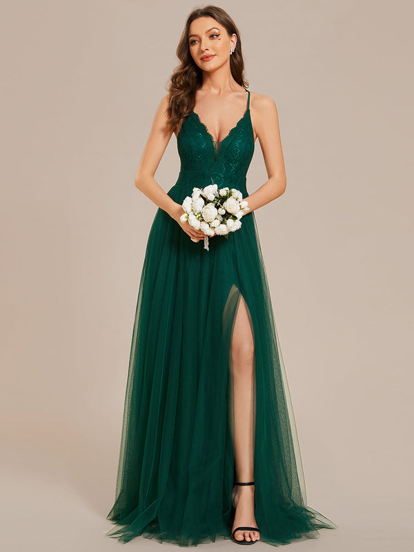 Sleeveless Embroidery Floor Length V Neck Evening Dress with Spaghetti Straps