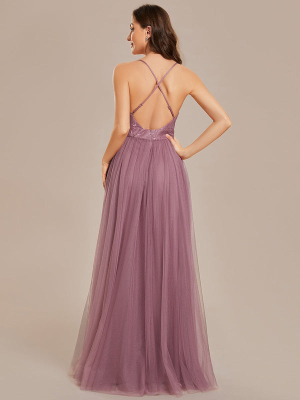 Sleeveless Embroidery Floor Length V Neck Evening Dress with Spaghetti Straps