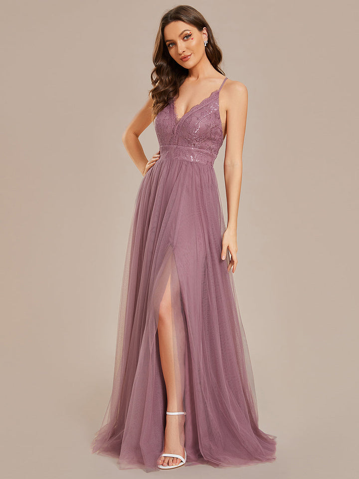 Sleeveless Embroidery Floor Length V Neck Evening Dress with Spaghetti Straps - CALABRO®