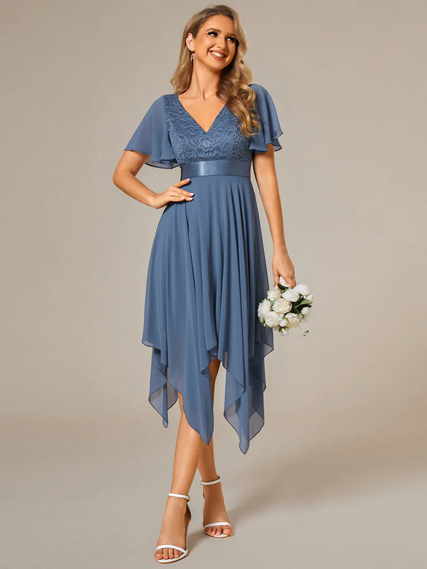 Deep V Neck Chiffon Evening Gown With Short Sleeves